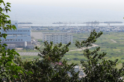 石巻市立病院と放置されて山積みになっている車の写真