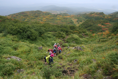 紅葉した山腹を見下ろしながら登っている写真