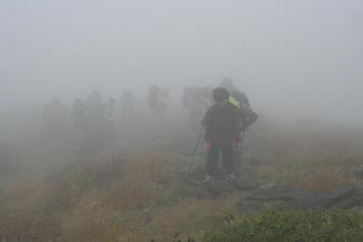 深い霧の中を登っている写真