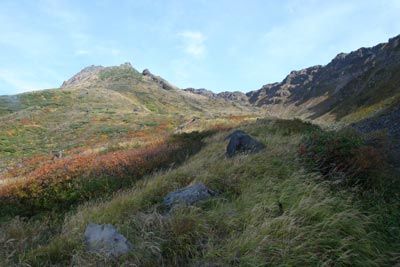 七五三掛手前から見た新山と外輪山の写真