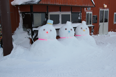 ３つ並んだかわいい雪だるまの写真