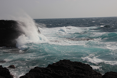 南原千畳岩海岸に押し寄せる波の写真