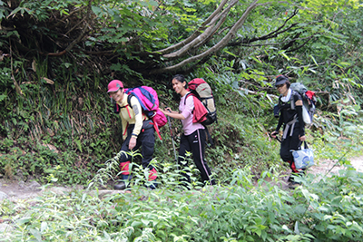 本谷橋に向かって登山道を歩いている写真