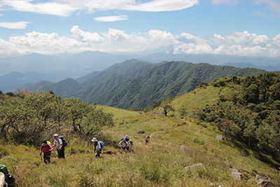 大蔵高丸や富士山を背に広い尾根を歩いている写真