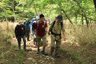 福ちゃん荘から緩やかな登山道を登り始めた写真