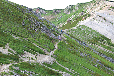 稜線の登山道を歩いている写真