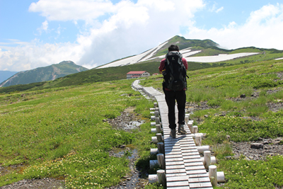 五色ヶ原山荘を正面に見て、木道を歩くIさんの写真