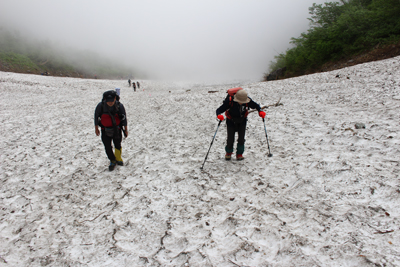 雪渓を登ってくるKMさんとIさんの写真